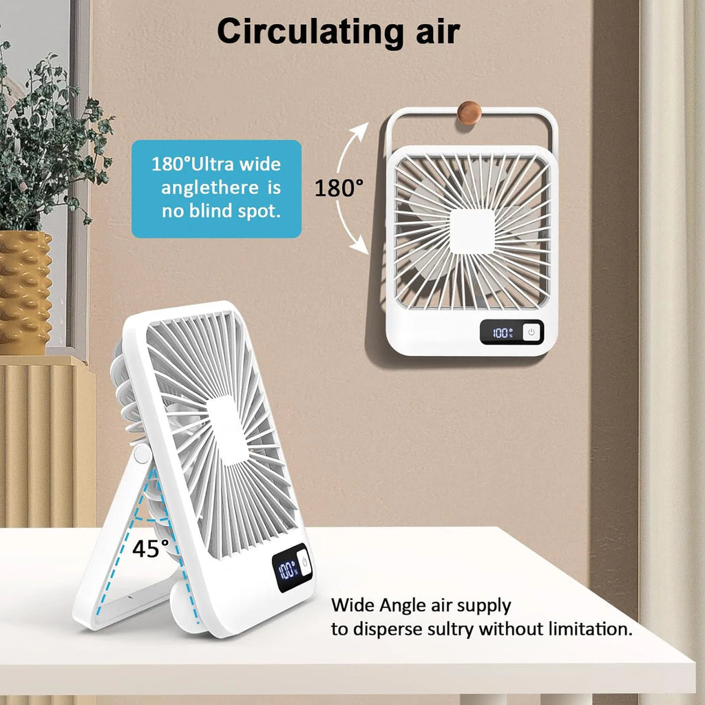 Table Fan Battery Rechargeable, 2000mAh 180° Foldable Portable Personal Fan With Power Display Ultra Quiet Suitable for Home