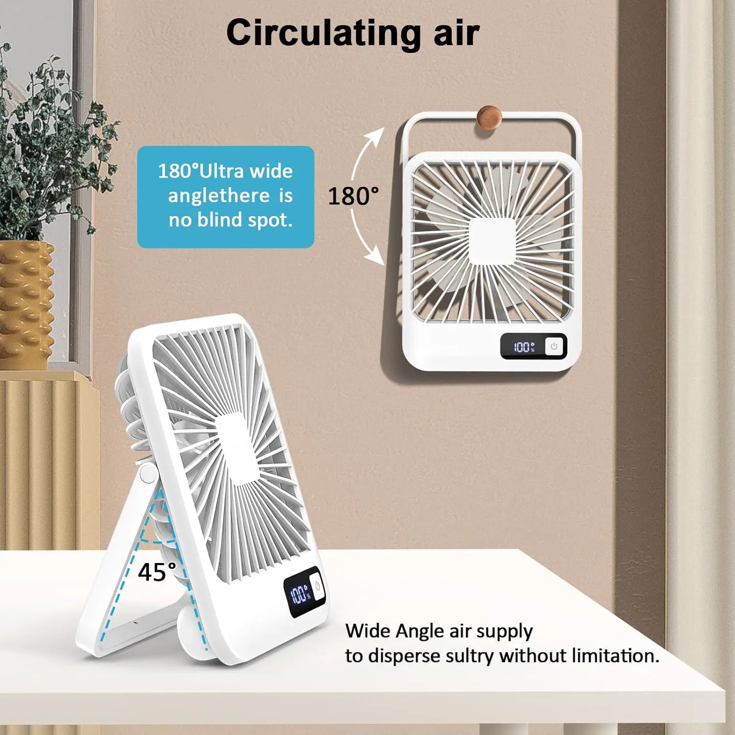 Table Fan Battery Rechargeable, 2000mAh 180° Foldable Portable Personal Fan With Power Display Ultra Quiet Suitable for Home