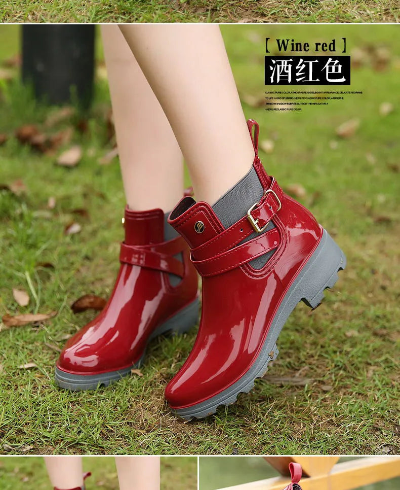 Rain Boots Women Leather Pu Ankle Bootie Waterproof Rubber Walking Shoes Girls Fashion Ladies Winter Shoes for Outdoor Rainy Day