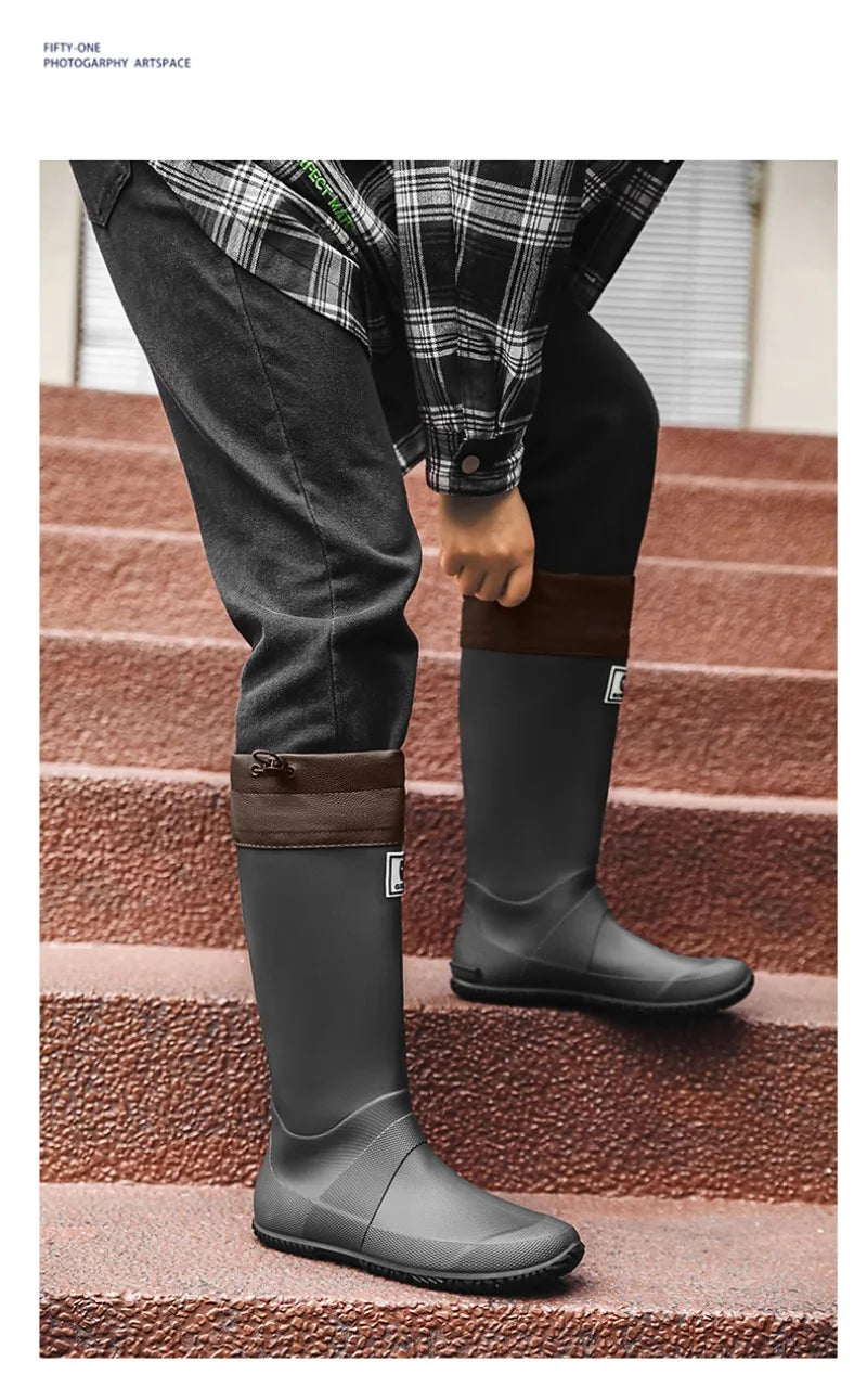 Men Women Rain Boots Fashion Long-Tube Rubber Shoes Non-Slip Fishing Boots Outdoor Waterproof Work Boots Couple Rubber Galoshes