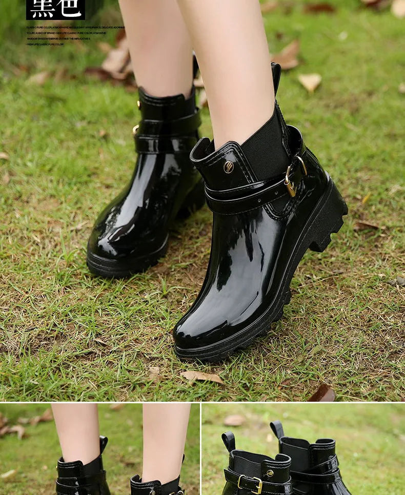 Rain Boots Women Leather Pu Ankle Bootie Waterproof Rubber Walking Shoes Girls Fashion Ladies Winter Shoes for Outdoor Rainy Day