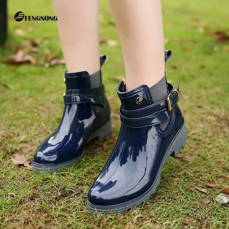 Rain Boots Women Leather Pu Ankle Bootie Waterproof Rubber Walking Shoes Girls Fashion Ladies Winter Shoes for Outdoor Rainy Day