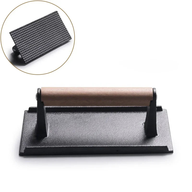 Cast Iron Steak Burger Press Round Rectangular Uncoated Heavy-Duty Meat Press with Handle for Outdoor Grill Food Cooking Tools