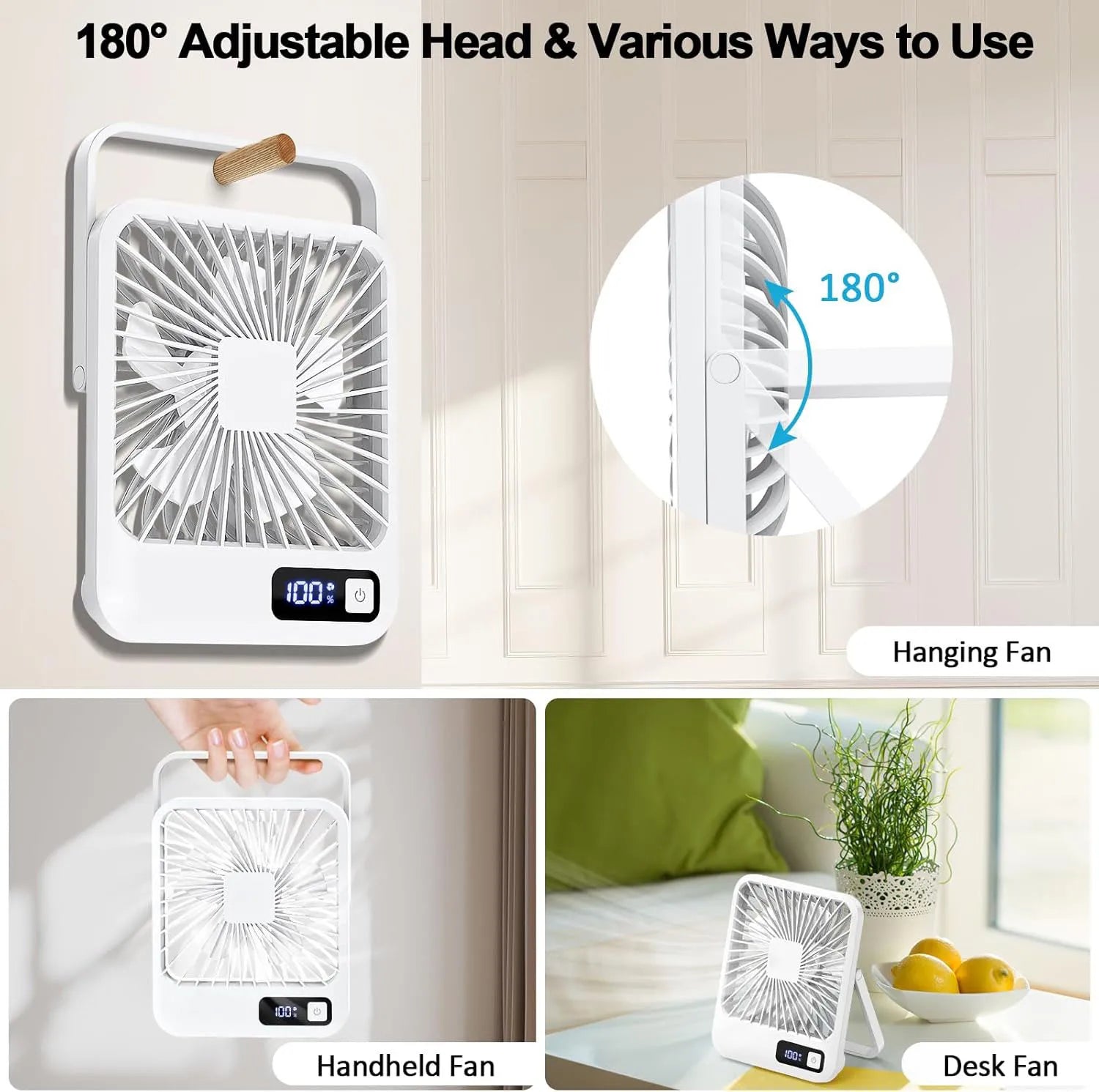 Table Fan Battery Rechargeable, 2000mAh 180° Foldable Portable Personal Fan With Power Display Ultra Quiet Suitable for Home