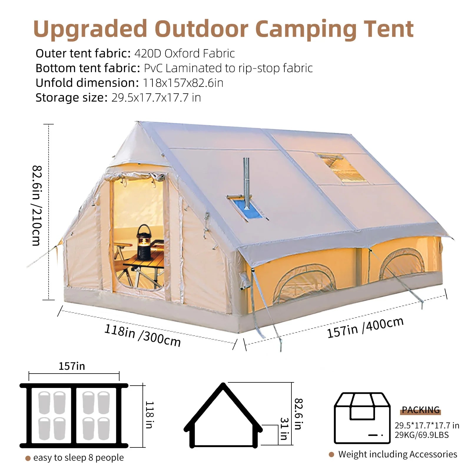 129 Sqft Large inflatable tent with Tarp,8 Person