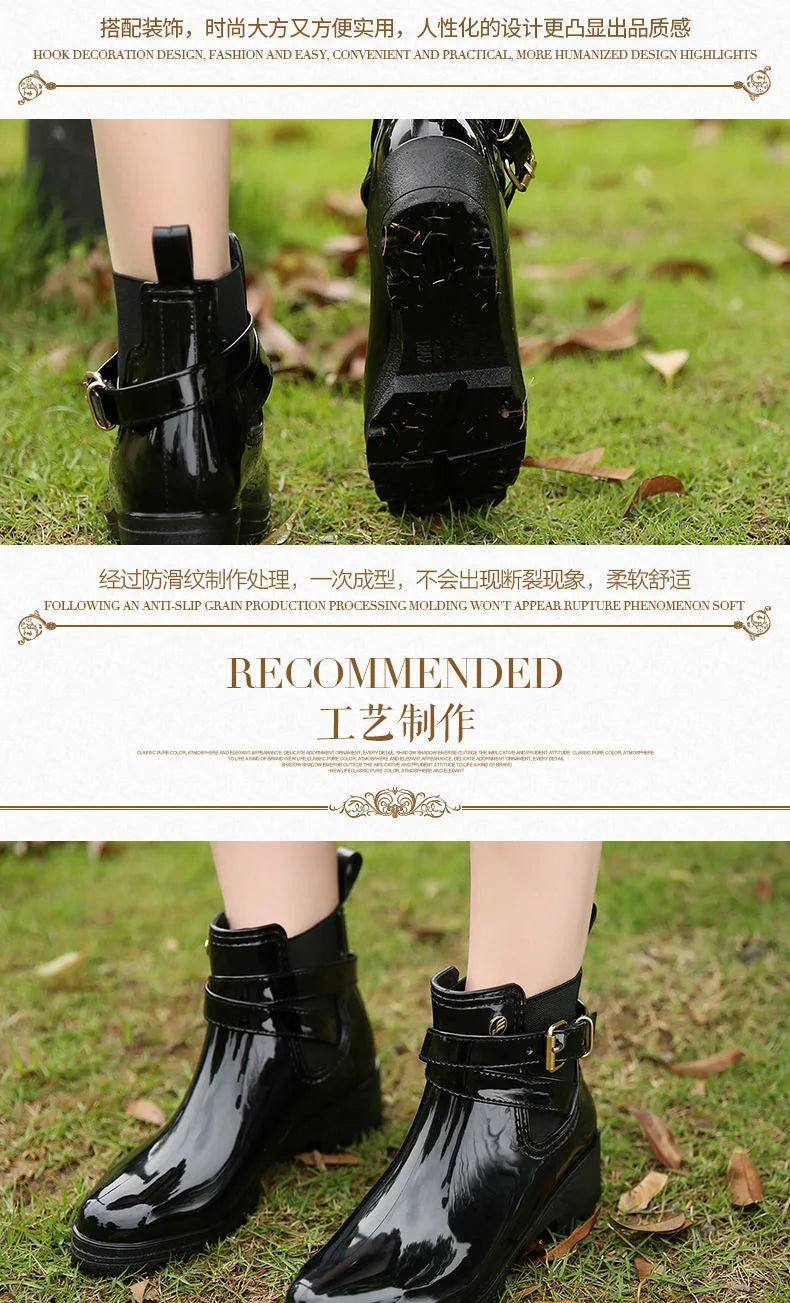 Rain Boots Women Leather Pu Ankle Bootie Waterproof Rubber Walking Shoes Girls Fashion Ladies Winter Shoes for Outdoor Rainy Day