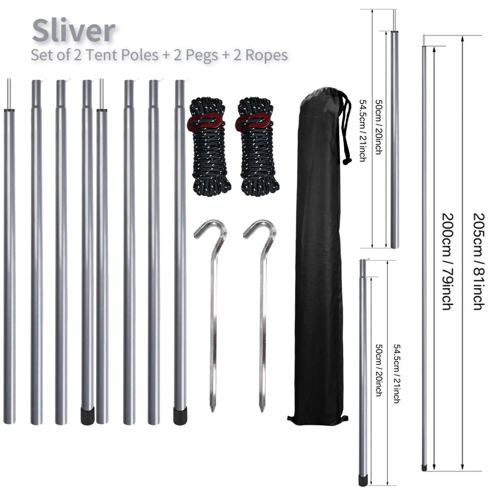 Set of 2 Tent Poles Adjustable Tarp Poles Steel Rods With Pegs & Ropes