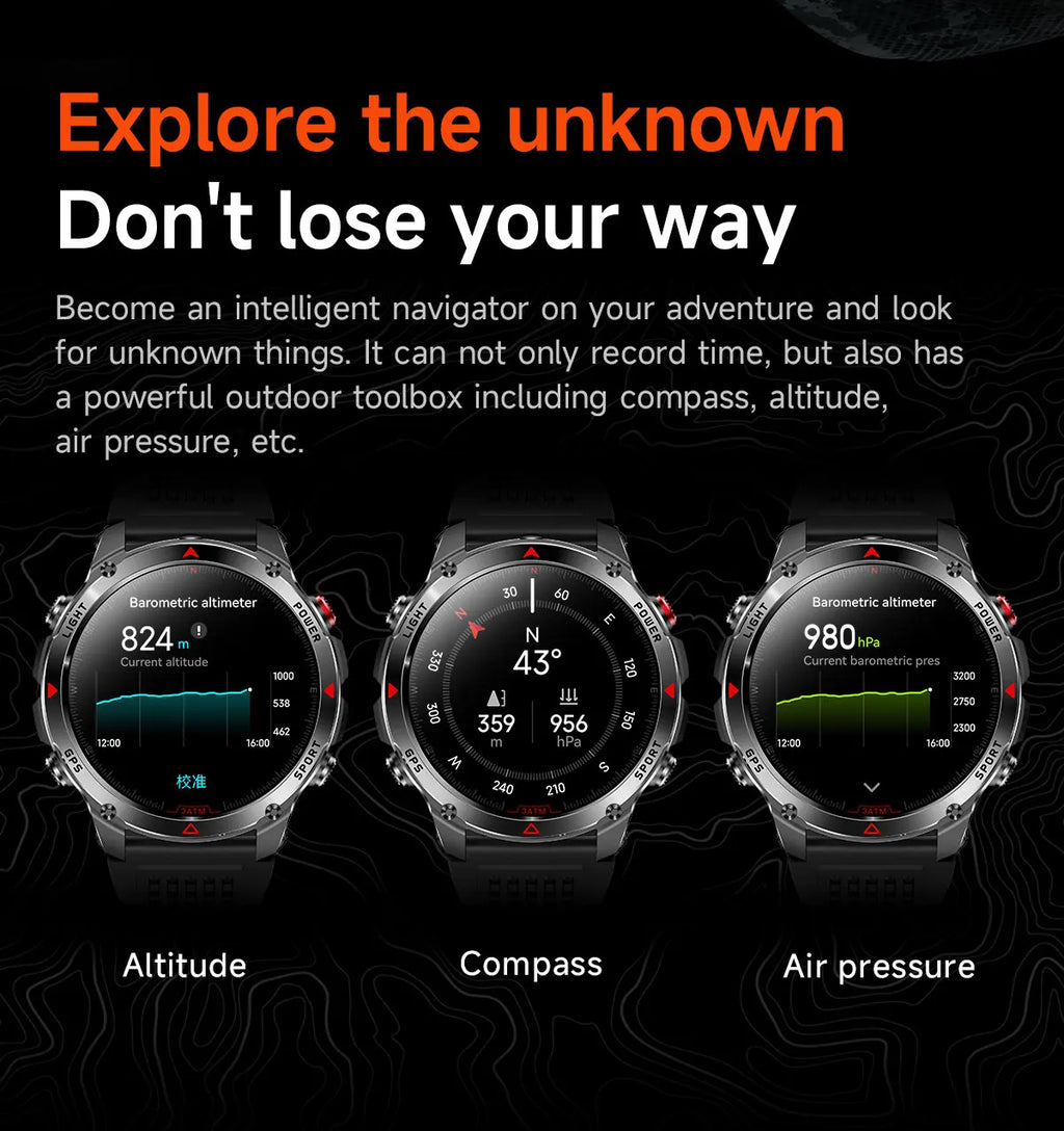 2025New Outdoor Military Smart Watch Men 1.46" AMOLED Built-in GPS Compass Altimeter 3ATM Waterproof Clock BT Call SmartWatches