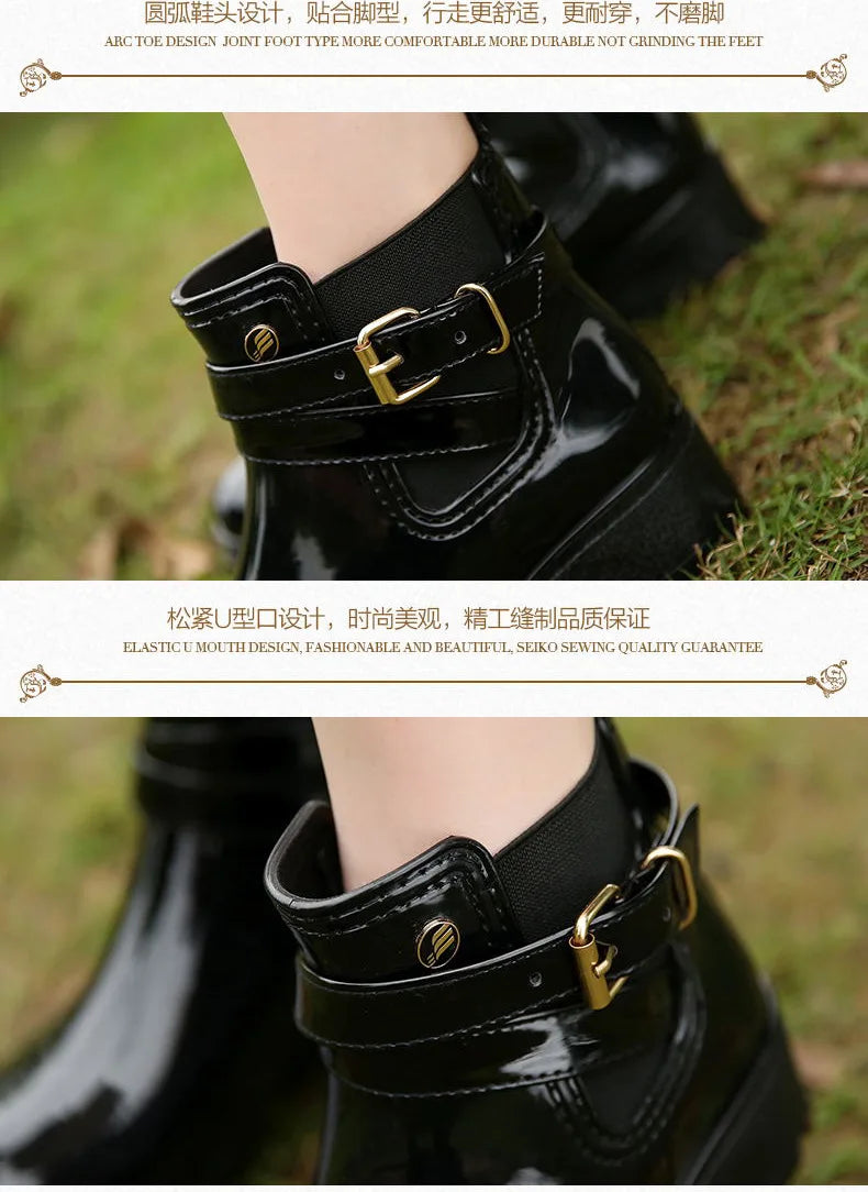 Rain Boots Women Leather Pu Ankle Bootie Waterproof Rubber Walking Shoes Girls Fashion Ladies Winter Shoes for Outdoor Rainy Day