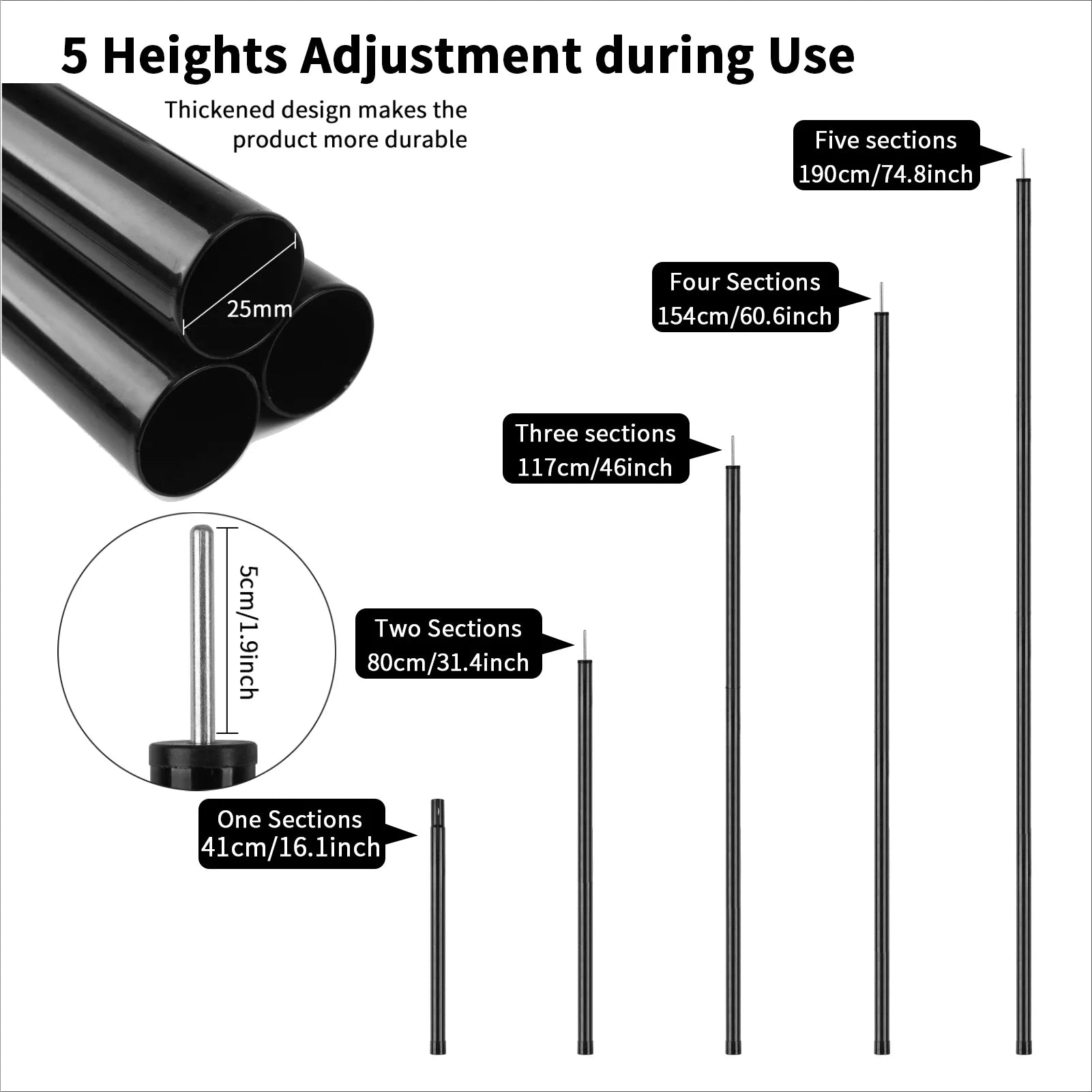 Telescopic Tent Poles Set of 2 Universal Adjustable Aluminium
