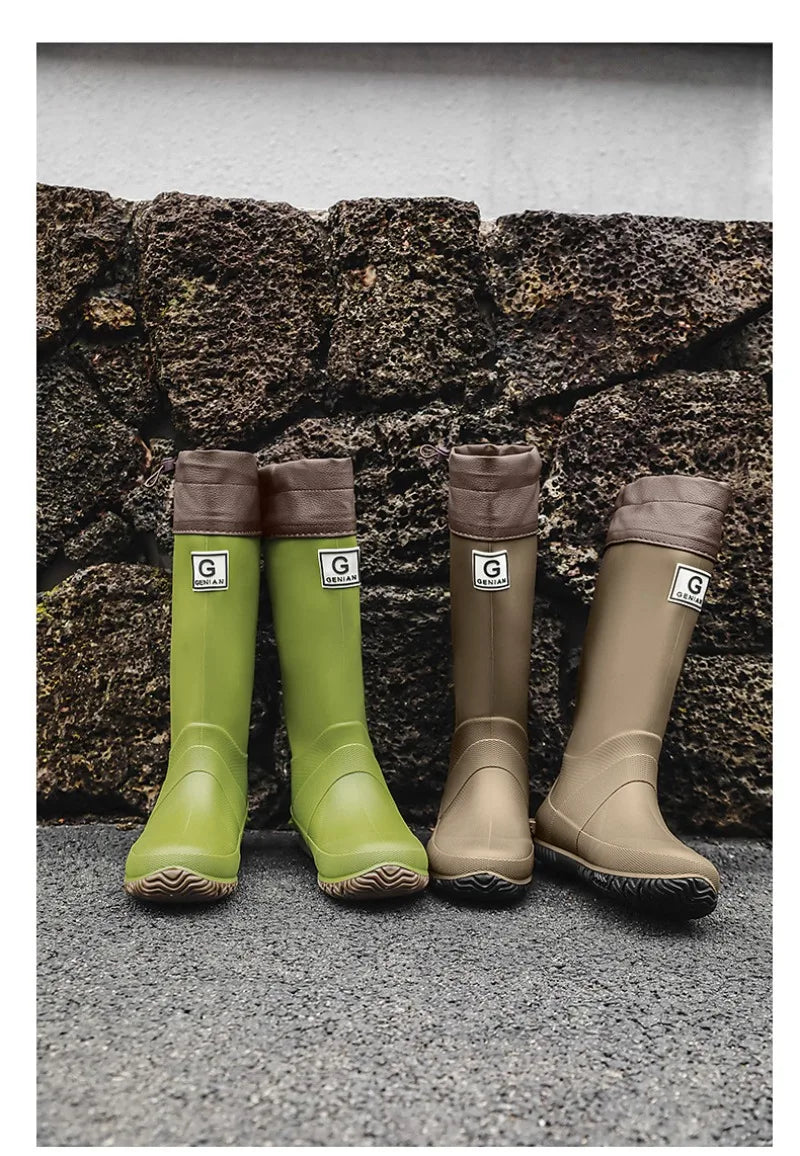 Men Women Rain Boots Fashion Long-Tube Rubber Shoes Non-Slip Fishing Boots Outdoor Waterproof Work Boots Couple Rubber Galoshes