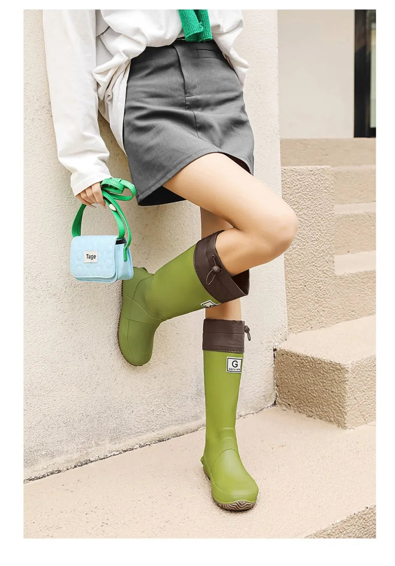 Men Women Rain Boots Fashion Long-Tube Rubber Shoes Non-Slip Fishing Boots Outdoor Waterproof Work Boots Couple Rubber Galoshes