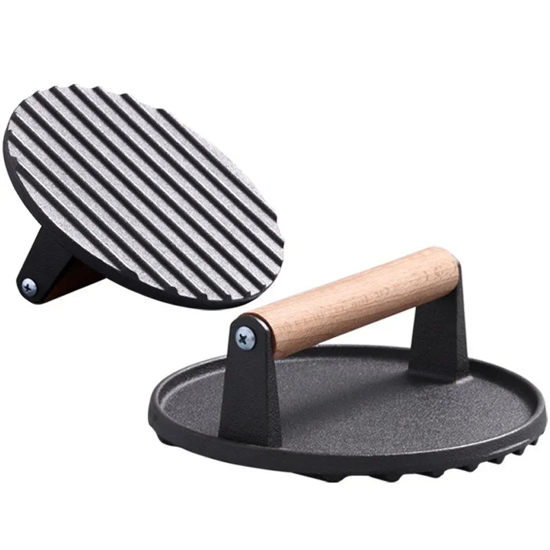 Cast Iron Steak Burger Press Round Rectangular Uncoated Heavy-Duty Meat Press with Handle for Outdoor Grill Food Cooking Tools