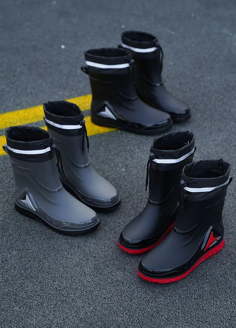 New ，Rain Boots Men's Waterproof Drawstring Rain ，Shoes Velvet Padded Suit， Warm Non-Slip Flat Fashion Take-out Rider Rain Boots