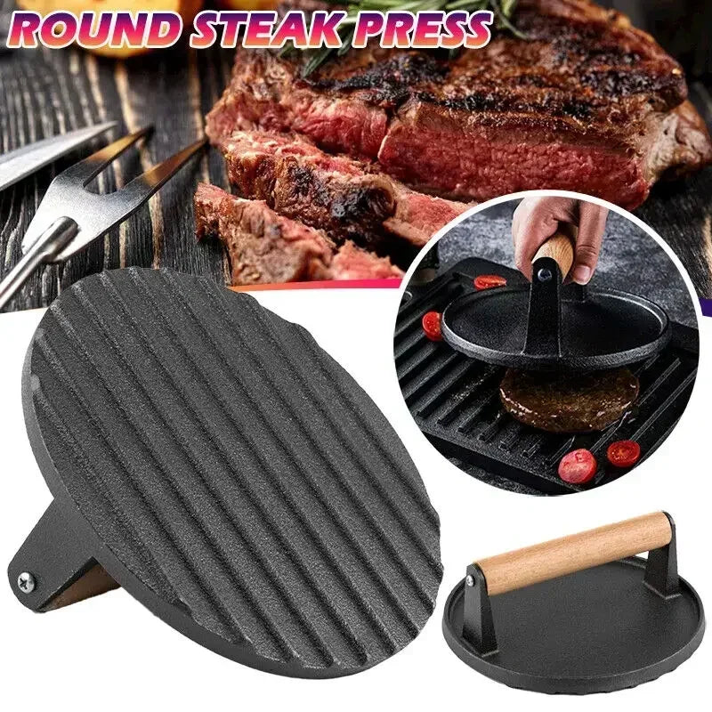 Commercial Press Burger Handle, Wooden handle with Iron Steak Grill Flat Press Cast Heavy-Weight Heavy