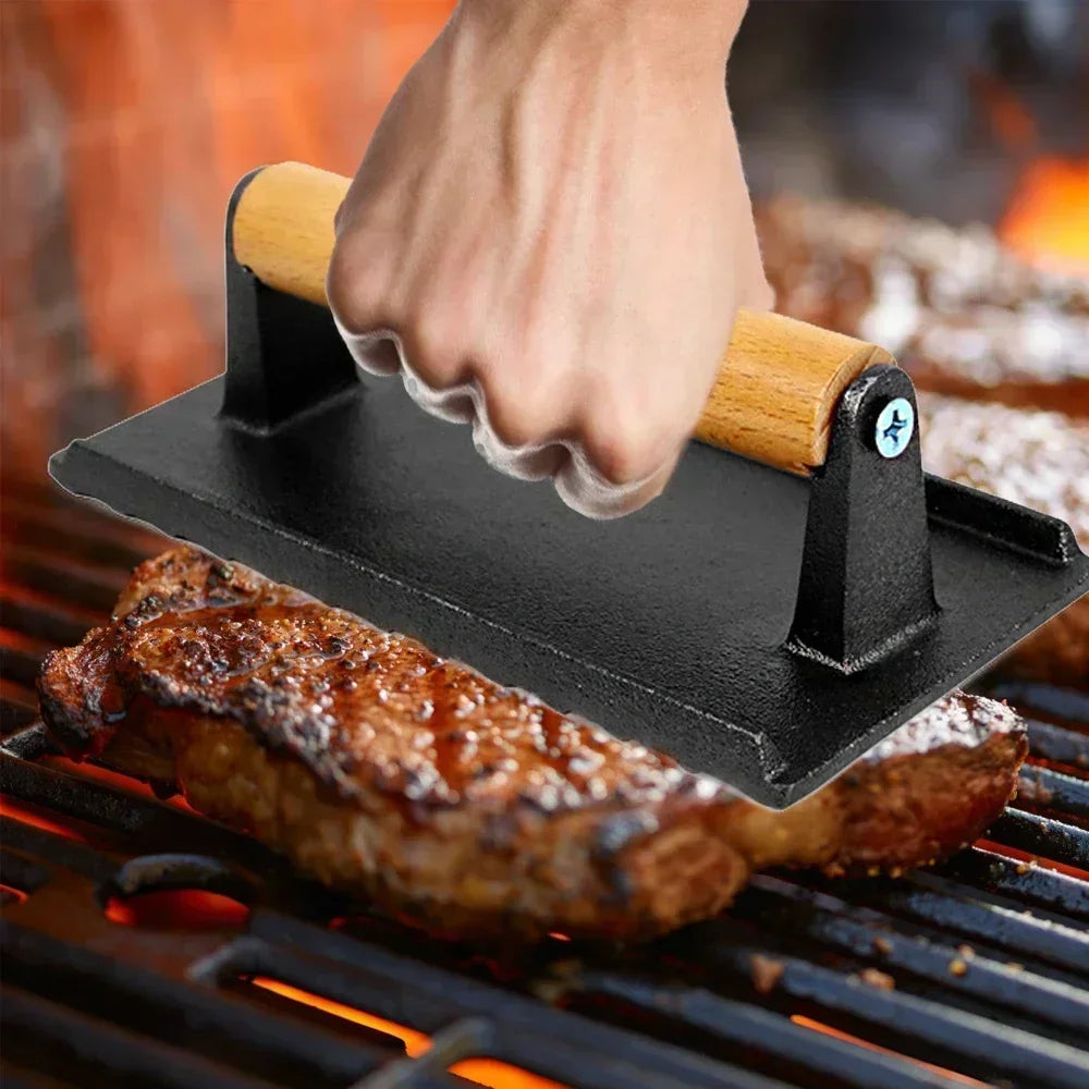 Commercial Press Burger Handle, Wooden handle with Iron Steak Grill Flat Press Cast Heavy-Weight Heavy