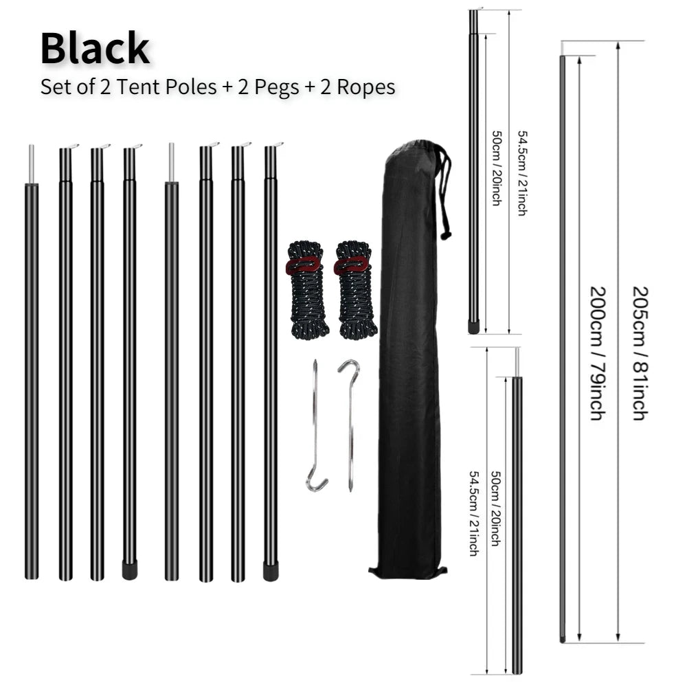 Set of 2 Tent Poles Adjustable Tarp Poles Steel Rods With Pegs & Ropes