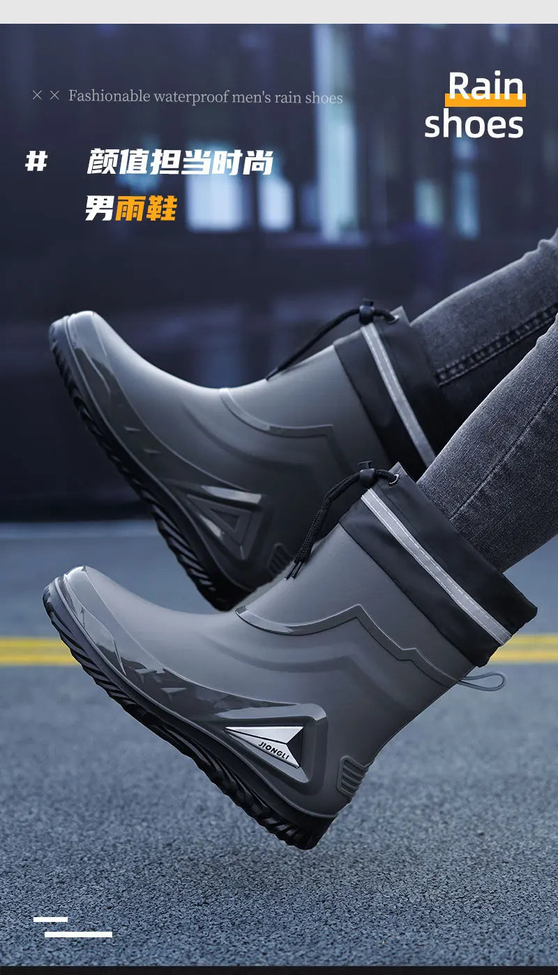 New ，Rain Boots Men's Waterproof Drawstring Rain ，Shoes Velvet Padded Suit， Warm Non-Slip Flat Fashion Take-out Rider Rain Boots
