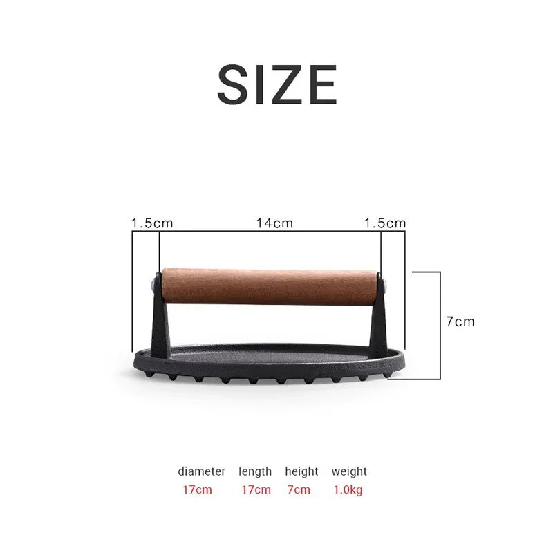 Cast Iron Steak Burger Press Round Rectangular Uncoated Heavy-Duty Meat Press with Handle for Outdoor Grill Food Cooking Tools