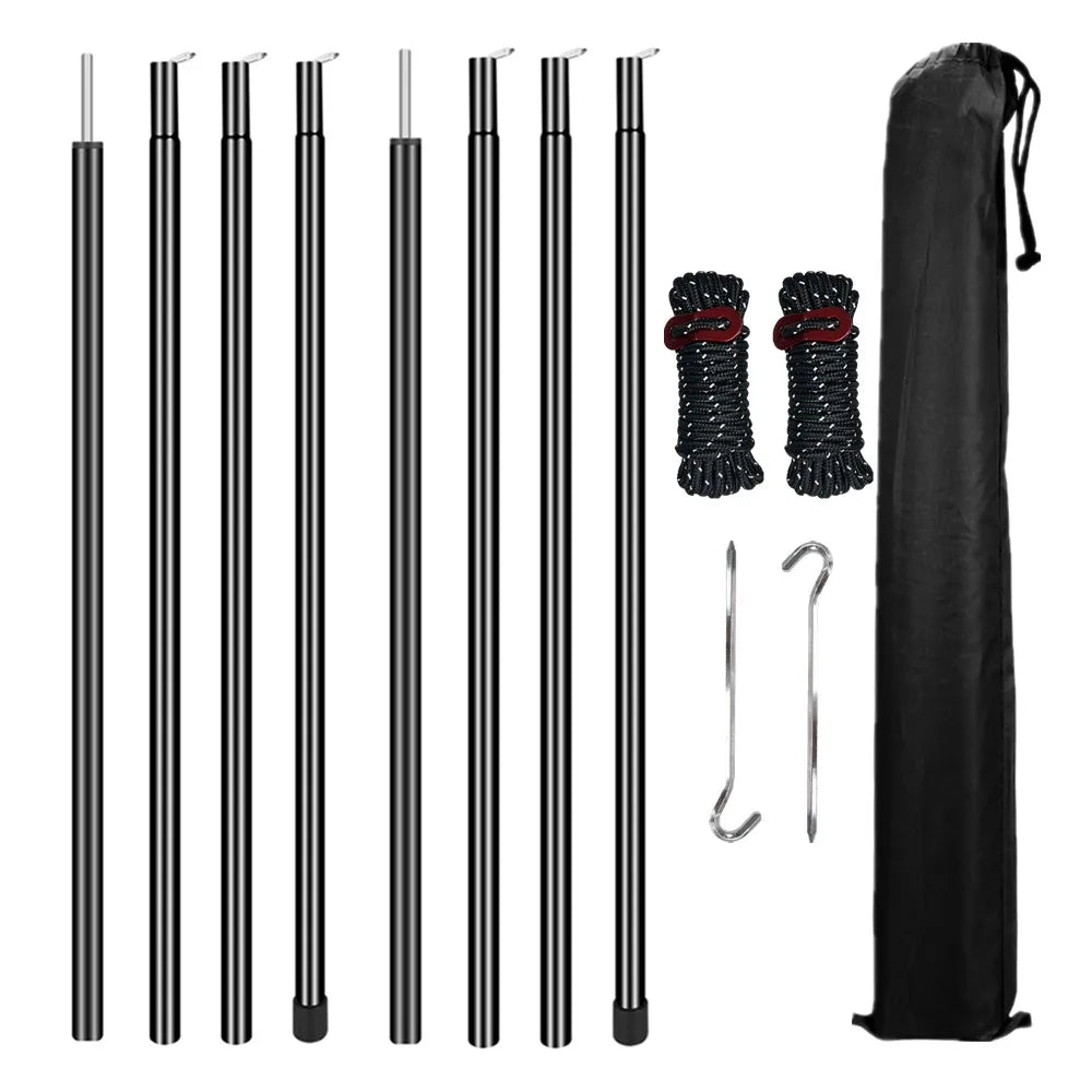 Set of 2 Tent Poles Adjustable Tarp Poles Steel Rods With Pegs & Ropes
