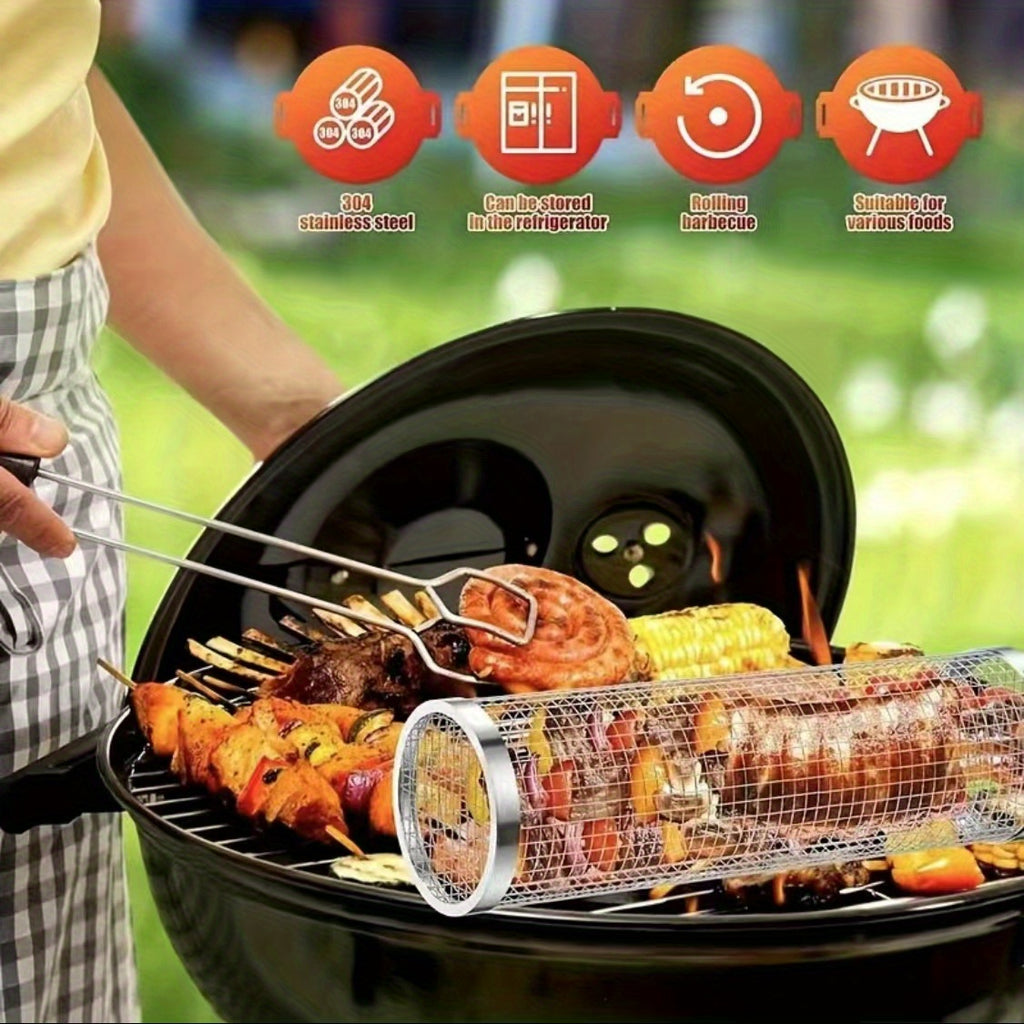 1pc Durable Stainless Steel BBQ Grill Basket - Multipurpose Outdoor Cooking Net for Camping, Picnic, BBQ Grill Rack with Handle