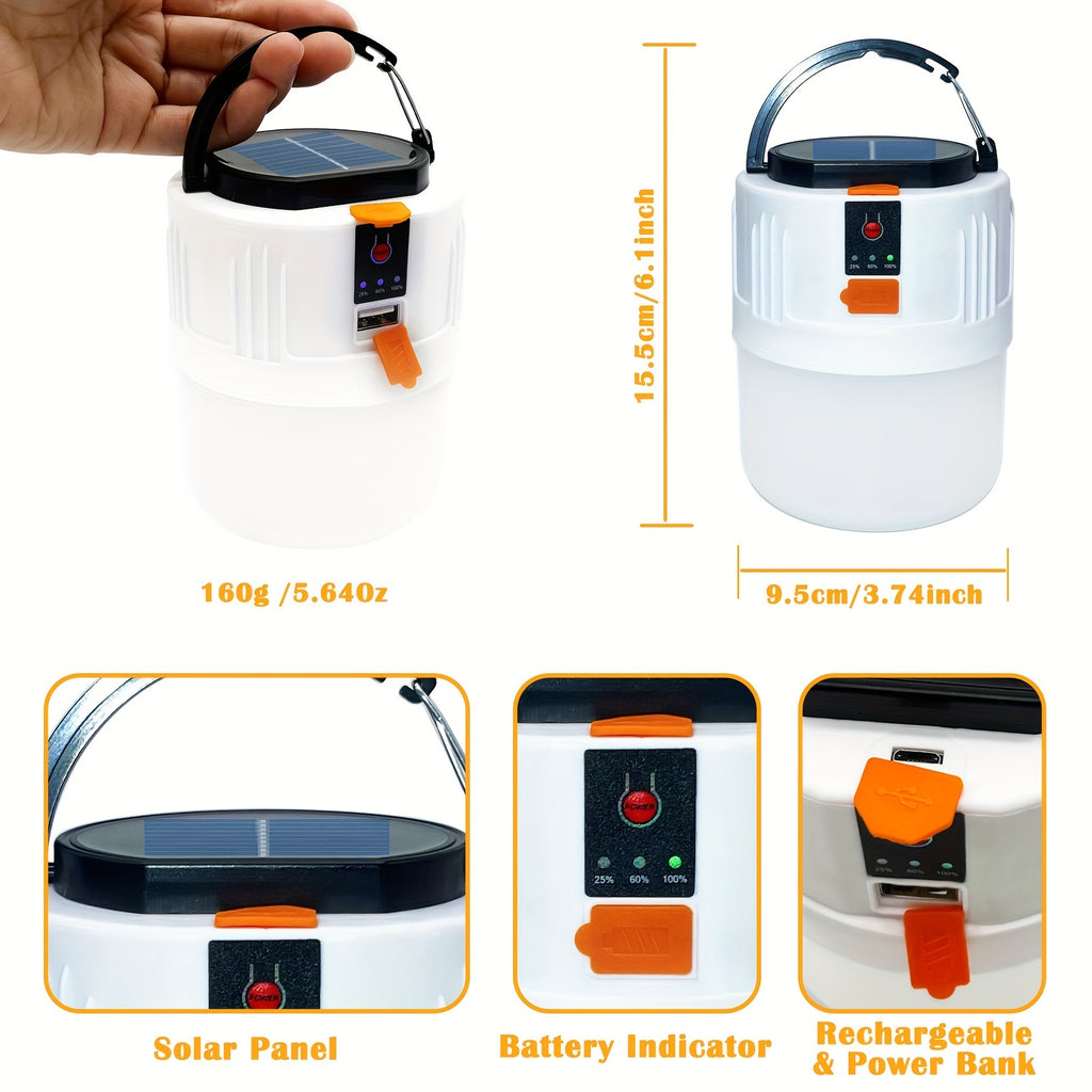 Rechargeable LED Camping Lantern with 3 Lighting Modes, Portable Solar Panel Charging, Power Bank Function and Flashlight