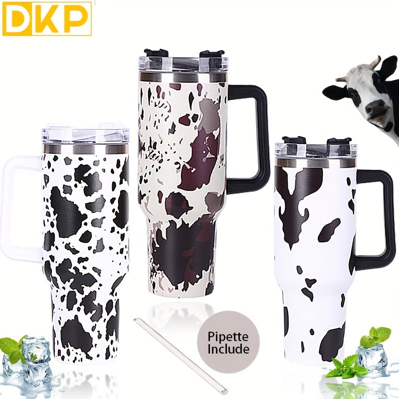 Insulated Cow Print Tumbler with Handle and Straw Lid - 40oz Capacity, 304 Stainless Steel, Heat Preservation - Perfect for Outdoor Sports, Travel, and Camping - Great Birthday or Christmas Gift for Men and Women