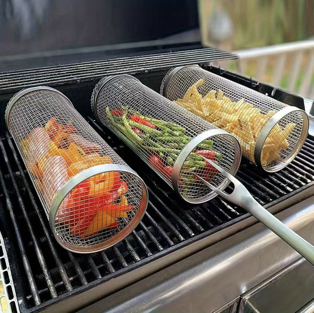 1pc Durable Stainless Steel BBQ Grill Basket - Multipurpose Outdoor Cooking Net for Camping, Picnic, BBQ Grill Rack with Handle