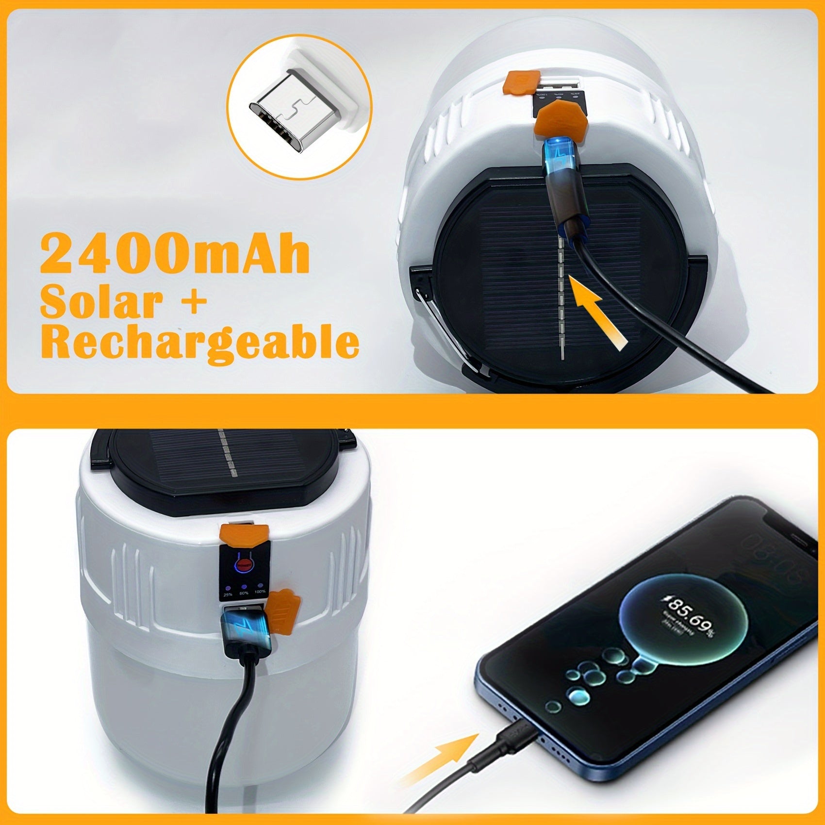 Rechargeable LED Camping Lantern with 3 Lighting Modes, Portable Solar Panel Charging, Power Bank Function and Flashlight