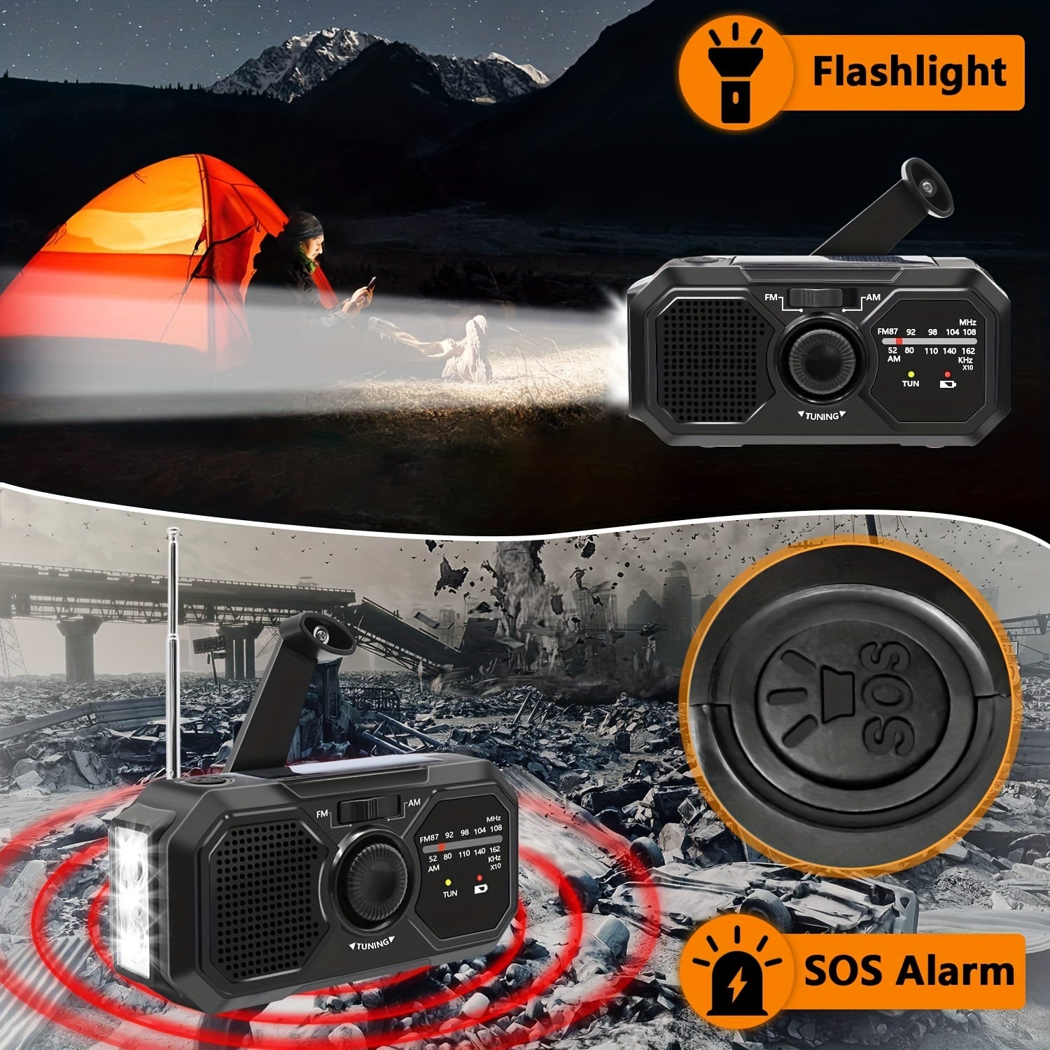 Outdoor Emergency AM/FM Radio Hand-Cranked Radio with Flashlight/Emergency Charging/Solar Charging Emergency Crank Weather Radio