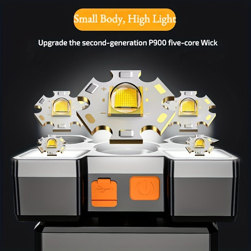 LED Strong Light Five-Headed Airplane Light USB Charging Headlamp for Cycling, Outdoor Camping, Fishing, Built-in Rechargeable Battery, Long-Lasting Battery Life, 4 Lighting Modes, Suitable for Different Application Scenarios