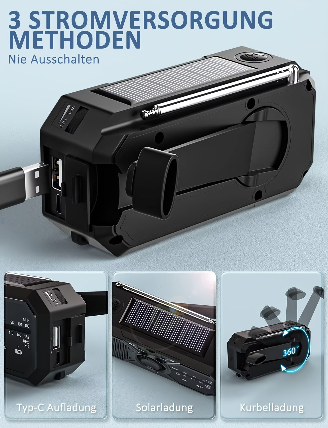 Outdoor Emergency AM/FM Radio Hand-Cranked Radio with Flashlight/Emergency Charging/Solar Charging Emergency Crank Weather Radio