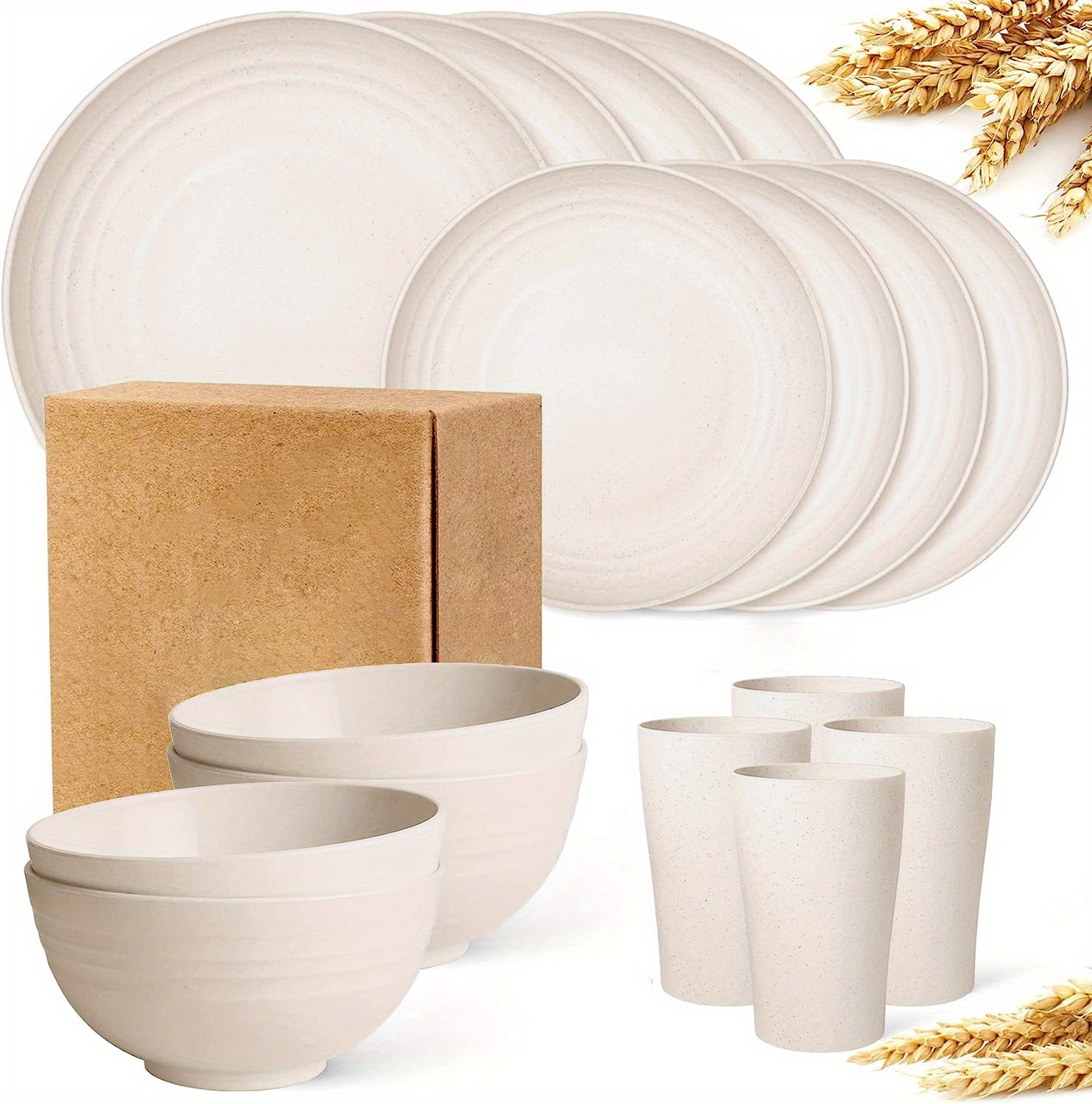 16pcs Unbreakable Wheat Straw Dinnerware Sets, Reusable Tableware Set, Lightweight Microwave Dishwasher Safe, Plates, Cups, Bowls For RV Camping Picnic Kitchen Dorm