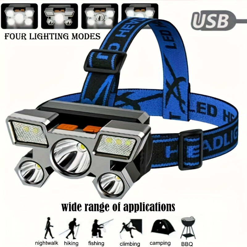 LED Strong Light Five-Headed Airplane Light USB Charging Headlamp for Cycling, Outdoor Camping, Fishing, Built-in Rechargeable Battery, Long-Lasting Battery Life, 4 Lighting Modes, Suitable for Different Application Scenarios